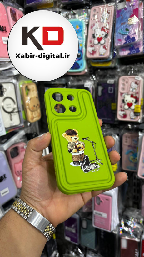 قاب گوشی. Redmi Note 13 4G شیائومی طرح سیلیکونی Solid عروسکی برجسته محافظ لنزدار طرح خرس تدی سبز فسفری