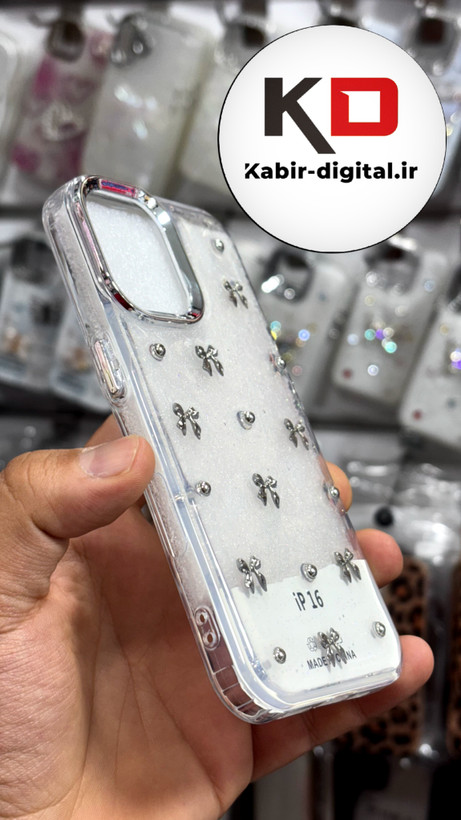 قاب گوشی iPhone 16 آیفون طرح اکلیلی رزینی پشت طلق شفاف لاکچری پاپیونی