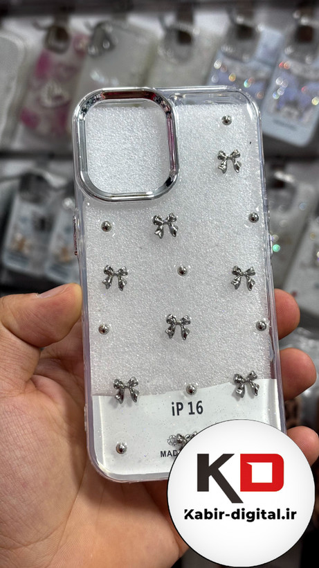 قاب گوشی iPhone 16 آیفون طرح اکلیلی رزینی پشت طلق شفاف لاکچری پاپیونی