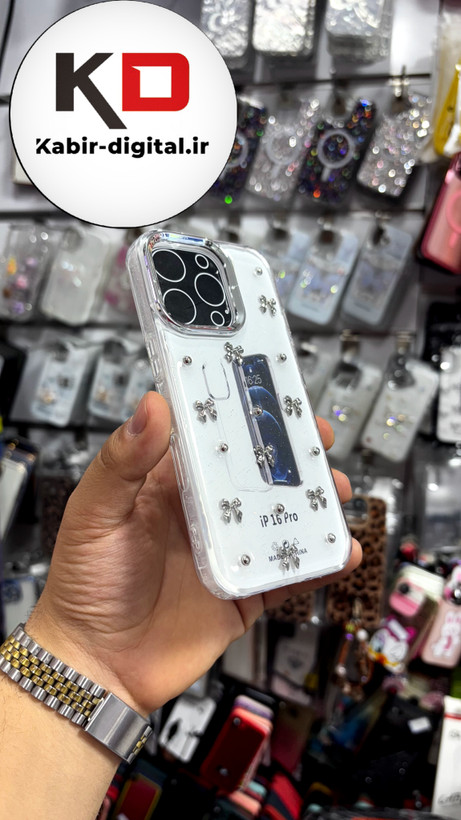 قاب گوشی iPhone 16proآیفون طرح اکلیلی رزینی پشت طلق شفاف لاکچری پاپیونی