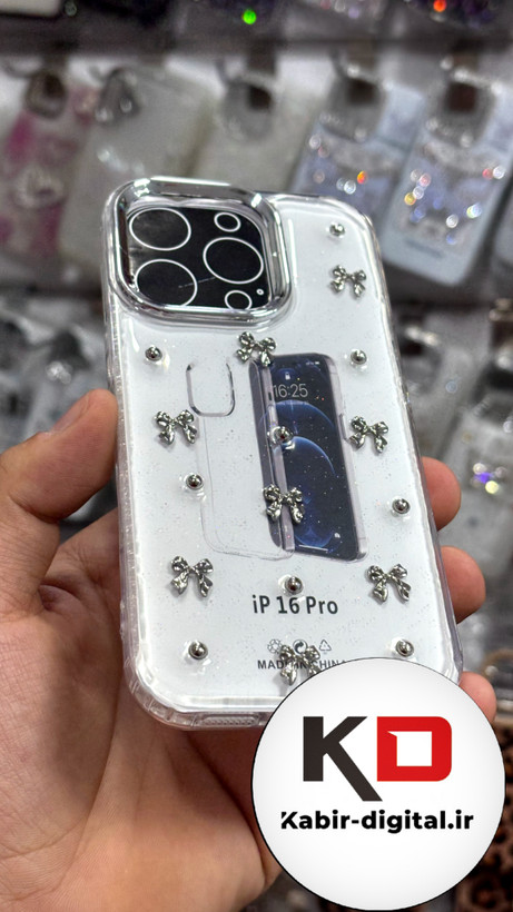 قاب گوشی iPhone 16proآیفون طرح اکلیلی رزینی پشت طلق شفاف لاکچری پاپیونی