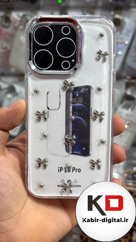 قاب گوشی iPhone 16proآیفون طرح اکلیلی رزینی پشت طلق شفاف لاکچری پاپیونی