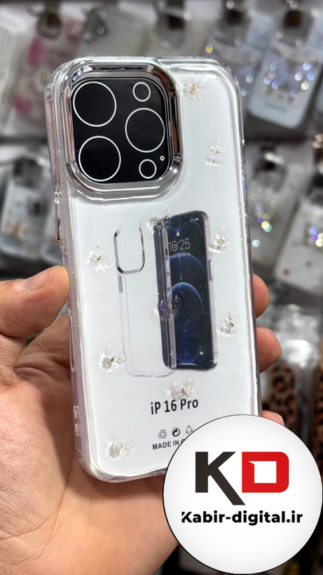 قاب گوشی iPhone 16proآیفون طرح اکلیلی رزینی پشت طلق شفاف لاکچری پروانه ایی