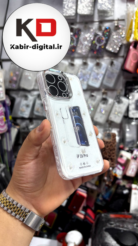 قاب گوشی iPhone 16proآیفون طرح اکلیلی رزینی پشت طلق شفاف لاکچری پروانه ایی
