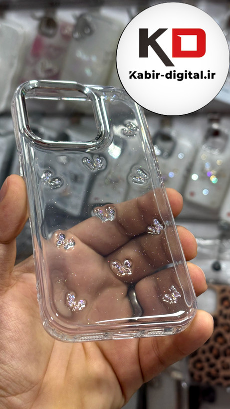 قاب گوشی iPhone 16proآیفون طرح اکلیلی رزینی پشت طلق شفاف لاکچری پروانه ایی