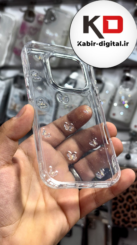 قاب گوشی iPhone 16proآیفون طرح اکلیلی رزینی پشت طلق شفاف لاکچری پروانه ایی