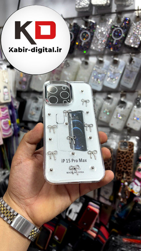 قاب گوشی iPhone15Promaxآیفون طرح اکلیلی رزینی پشت طلق شفاف لاکچری پاپیونی کرومی
