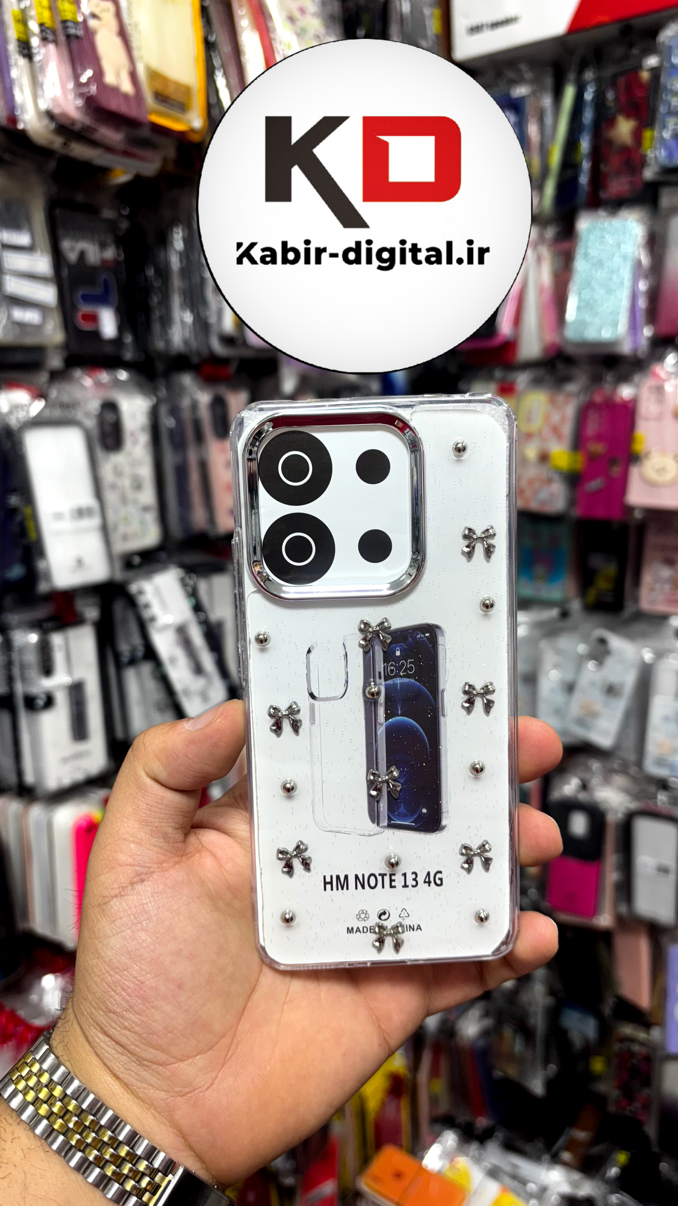 قاب گوشیRedmi Note13 4G طرح اکلیلی رزینی پشت طلق شفاف لاکچری پاپیونی دور محافظ متال