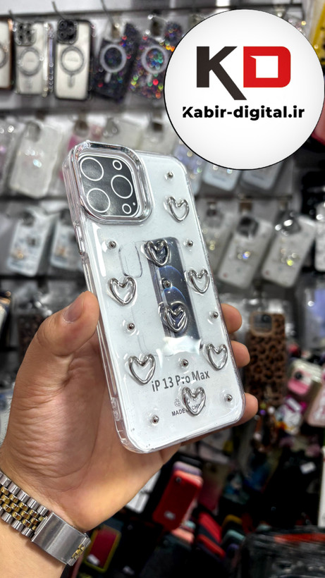 قاب گوش iPhone13Promaxآیفون لاکچری شفاف رزینی طرح شاین لنز کرومی طرح قلب