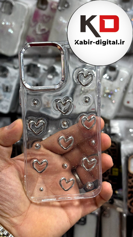 قاب گوش iPhone13Promaxآیفون لاکچری شفاف رزینی طرح شاین لنز کرومی طرح قلب