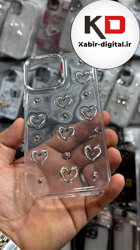قاب گوش iPhone13Promaxآیفون لاکچری شفاف رزینی طرح شاین لنز کرومی طرح قلب