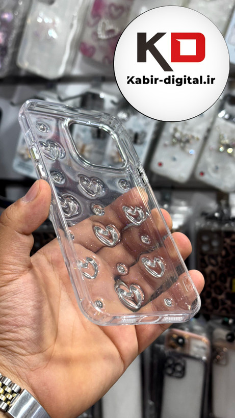 قاب گوش iPhone13Promaxآیفون لاکچری شفاف رزینی طرح شاین لنز کرومی طرح قلب