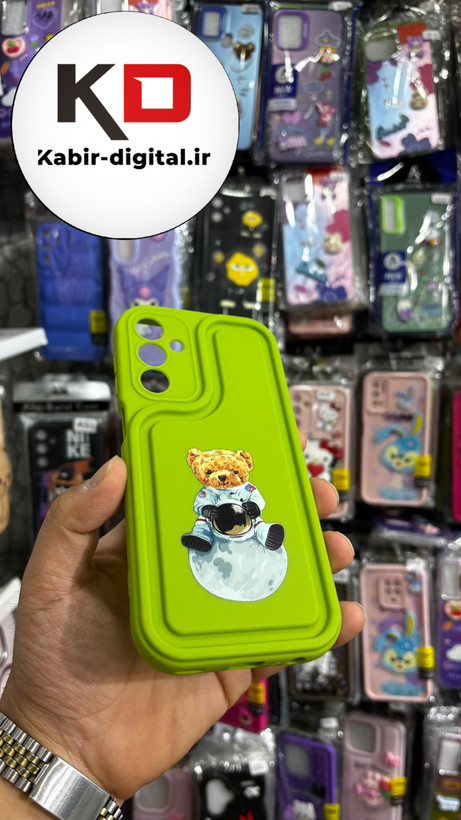 قاب گوشی Galaxy A15 سامسونگ طرح سیلیکونی ژله ای سولید SOLID سه بعدی برجسته عروسکی تدی سبز فسفری محافظ لنزدار