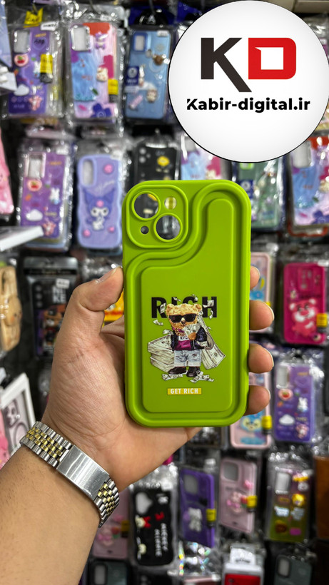 قاب گوشی iPhone 13آیفون طرح سیلیکونی ژله ای سولید SOLID سه بعدی برجسته عروسکی تدی سبز فسفری محافظ لنزدار