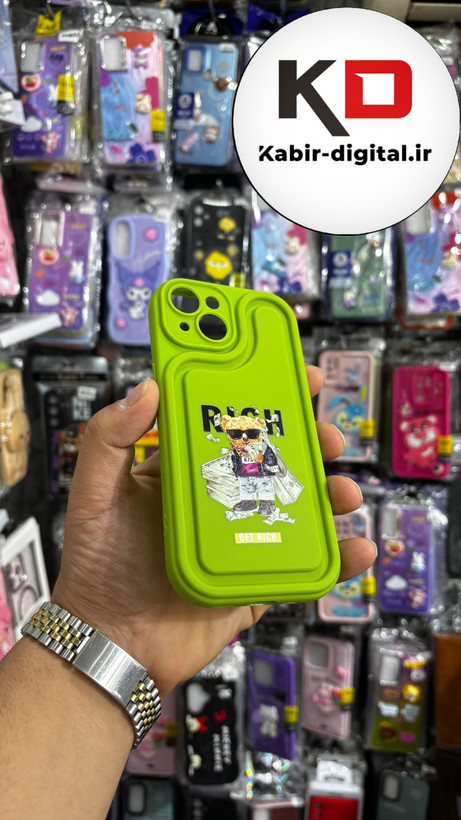 قاب گوشی iPhone 13آیفون طرح سیلیکونی ژله ای سولید SOLID سه بعدی برجسته عروسکی تدی سبز فسفری محافظ لنزدار