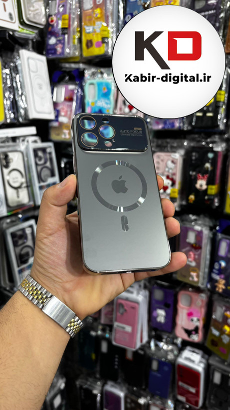 قاب گوشی iPhone 15 promaxآیفون مدل PVD اورجینال ضد خش پشت گلس شیشه ای مگ سیف محافظ لنز دار خاکستری تیتانیوم