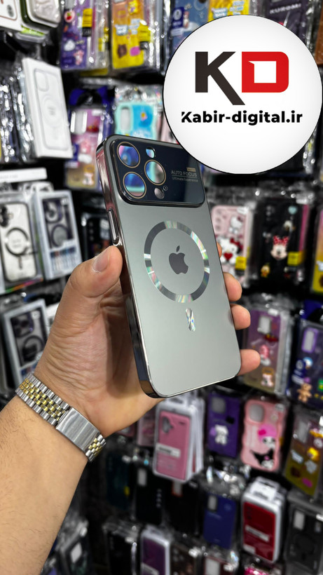 قاب گوشی iPhone 15 promaxآیفون مدل PVD اورجینال ضد خش پشت گلس شیشه ای مگ سیف محافظ لنز دار خاکستری تیتانیوم