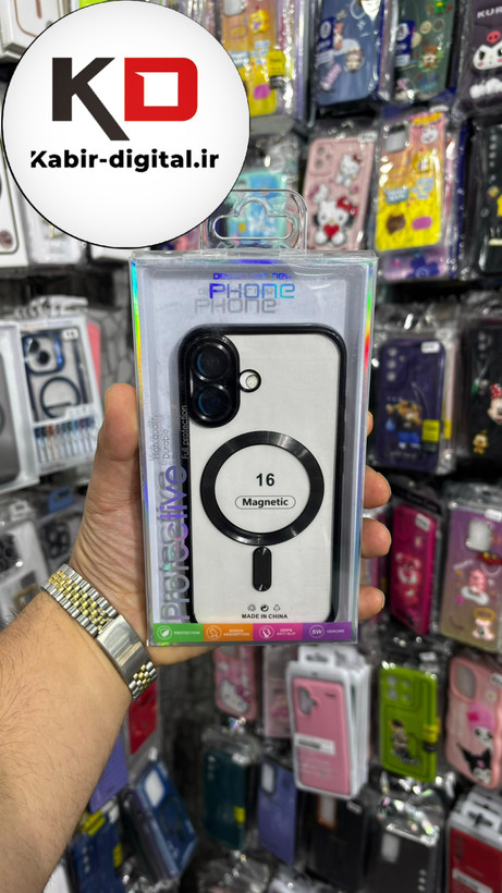 قاب گوشی iPhone 16 آیفون الکترواستاتیک اورجینال مگ سیف محافظ لنز دار گلسی مشکی