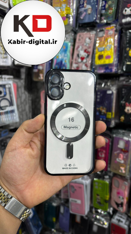 قاب گوشی iPhone 16 آیفون الکترواستاتیک اورجینال مگ سیف محافظ لنز دار گلسی مشکی
