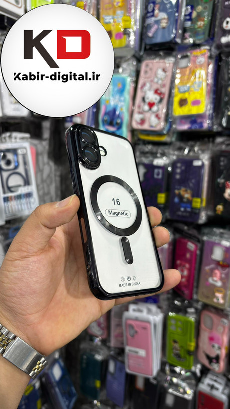 قاب گوشی iPhone 16 آیفون الکترواستاتیک اورجینال مگ سیف محافظ لنز دار گلسی مشکی