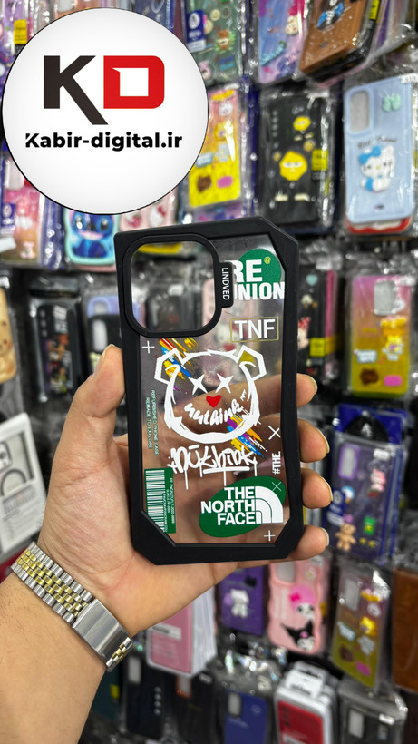 قاب گوشی iPhone 14pro max آیفون شفاف اورجینال LINOVEO فانتزی چند ضلعی طرح خرس مشکی