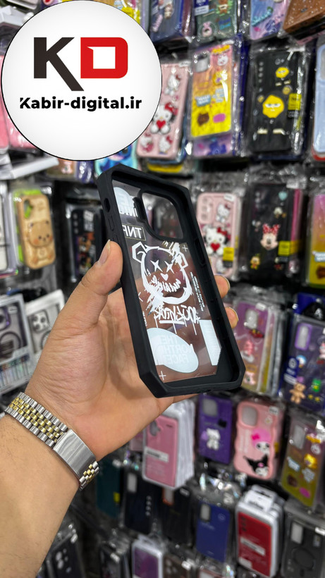 قاب گوشی iPhone 14pro max آیفون شفاف اورجینال LINOVEO فانتزی چند ضلعی طرح خرس مشکی