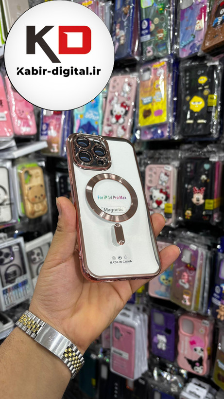 قاب گوشی iPhone 14 Pro Max آیفون Magsafe مگ سیف اورجینال شفاف محافظ لنزدار گلسی رزگلد