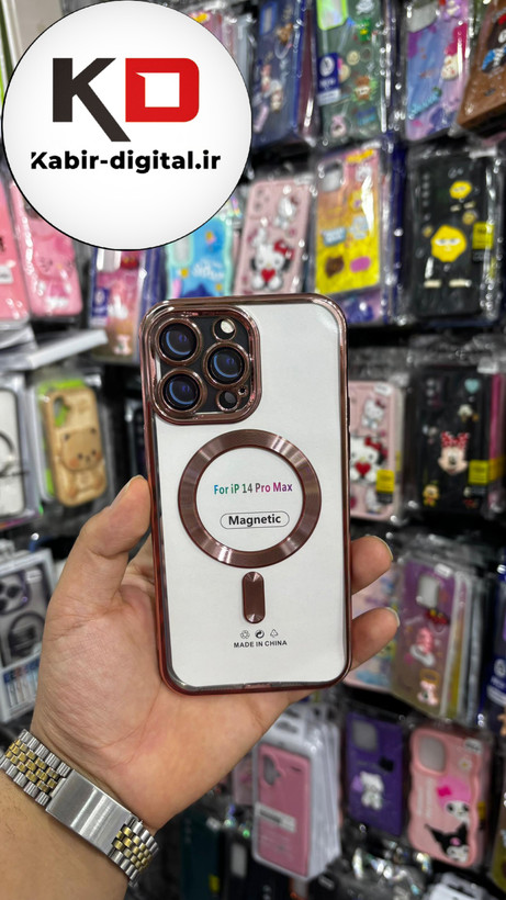 قاب گوشی iPhone 14 Pro Max آیفون Magsafe مگ سیف اورجینال شفاف محافظ لنزدار گلسی رزگلد