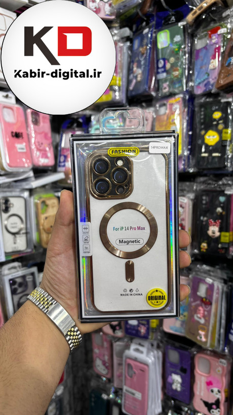 قاب گوشی iPhone 14 Pro Max آیفون Magsafe مگ سیف اورجینال شفاف محافظ لنزدار گلسی طلایی
