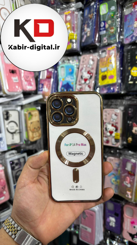 قاب گوشی iPhone 14 Pro Max آیفون Magsafe مگ سیف اورجینال شفاف محافظ لنزدار گلسی طلایی