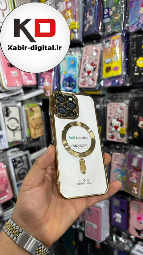 قاب گوشی iPhone 14 Pro Max آیفون Magsafe مگ سیف اورجینال شفاف محافظ لنزدار گلسی طلایی