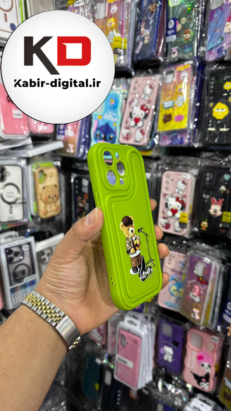 قاب گوشی iPhone 14pro maxآیفون طرح سیلیکونی ژله ای سولید SOLID سه بعدی برجسته عروسکی تدی سبز فسفری محافظ لنزدار