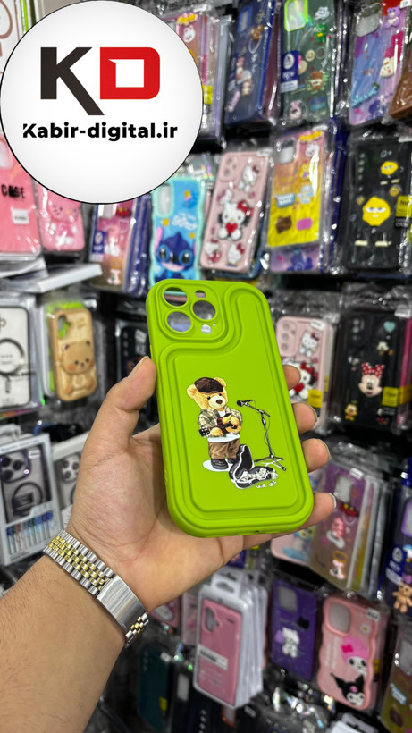 قاب گوشی iPhone 14pro maxآیفون طرح سیلیکونی ژله ای سولید SOLID سه بعدی برجسته عروسکی تدی سبز فسفری محافظ لنزدار