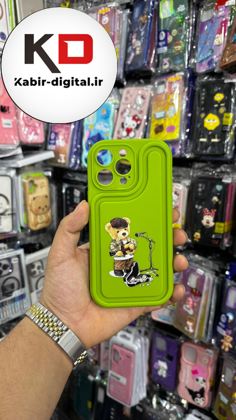 قاب گوشی iPhone 14pro maxآیفون طرح سیلیکونی ژله ای سولید SOLID سه بعدی برجسته عروسکی تدی سبز فسفری محافظ لنزدار