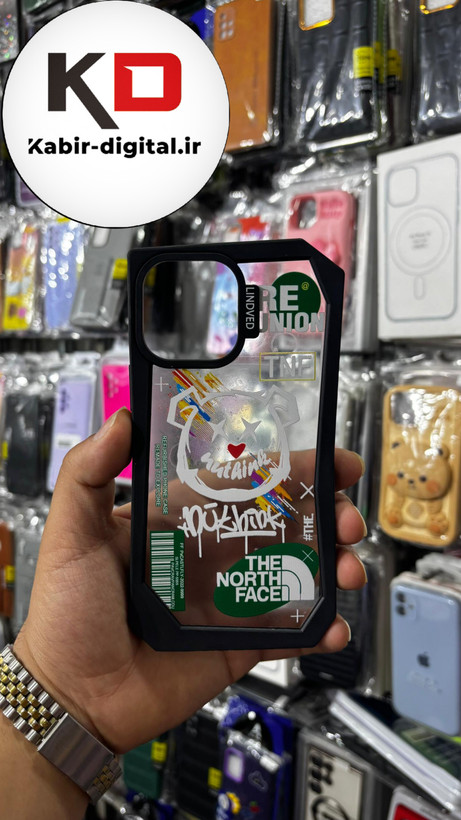 قاب گوشی iPhone 13 pro max آیفون شفاف اورجینال LINOVEO فانتزی چند ضلعی طرح خرس مشکی