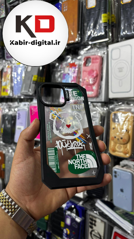 قاب گوشی iPhone 13 pro max آیفون شفاف اورجینال LINOVEO فانتزی چند ضلعی طرح خرس مشکی