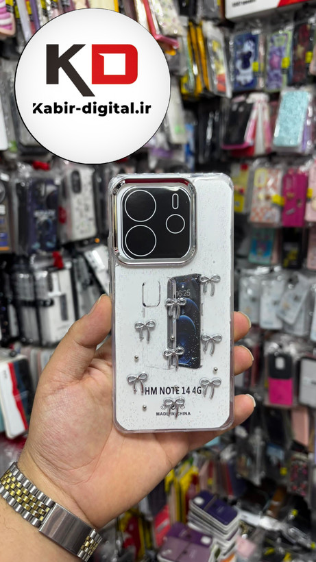 قاب گوشیRedmi Note14 4G طرح اکلیلی رزینی پشت طلق شفاف لاکچری پاپیونی کرومی دور محافظ متال