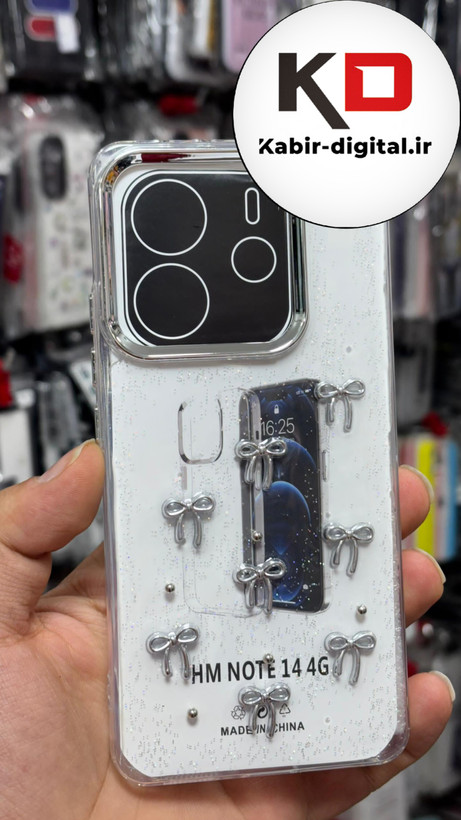قاب گوشیRedmi Note14 4G طرح اکلیلی رزینی پشت طلق شفاف لاکچری پاپیونی کرومی دور محافظ متال
