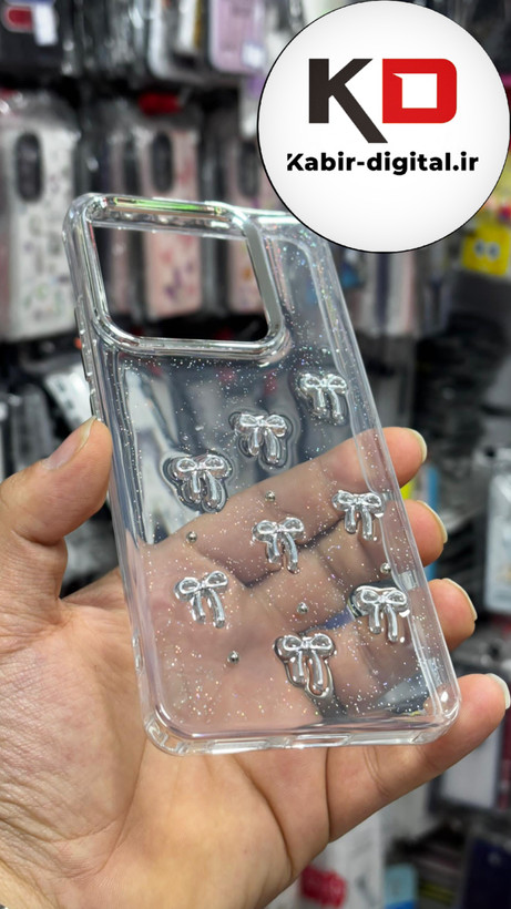 قاب گوشیRedmi Note14 4G طرح اکلیلی رزینی پشت طلق شفاف لاکچری پاپیونی کرومی دور محافظ متال