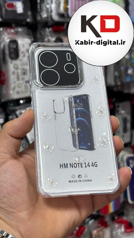 قاب گوشیRedmi Note 14 4G طرح اکلیلی رزینی پشت طلق شفاف لاکچری پرونه ایی دور محافظ متال