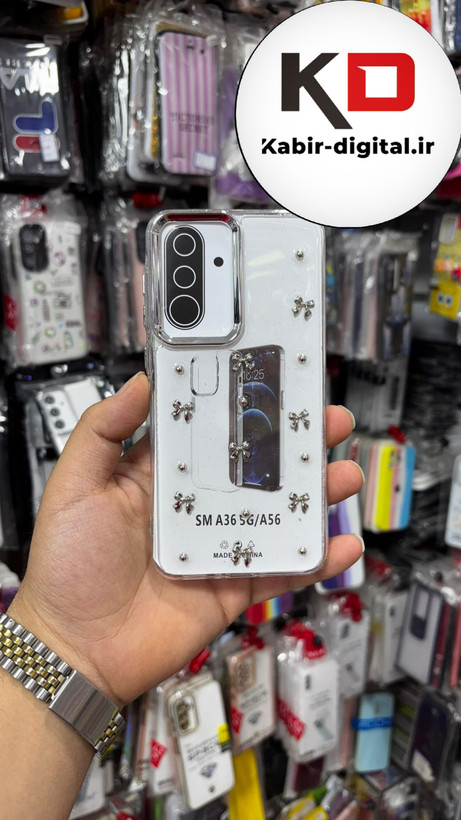 قاب گوشی Galaxy A36/A56 سامسونگ طرح اکلیلی رزینی پشت طلق شفاف لاکچری پاپیونی دور محافظ متال