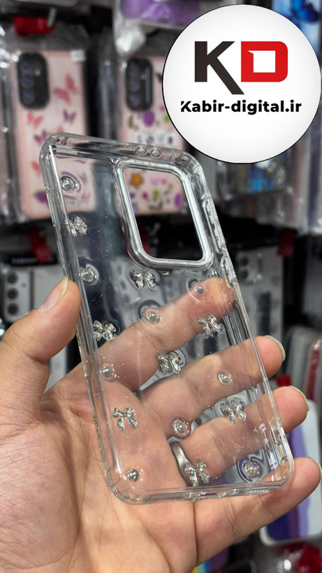 قاب گوشی Galaxy A36/A56 سامسونگ طرح اکلیلی رزینی پشت طلق شفاف لاکچری پاپیونی دور محافظ متال