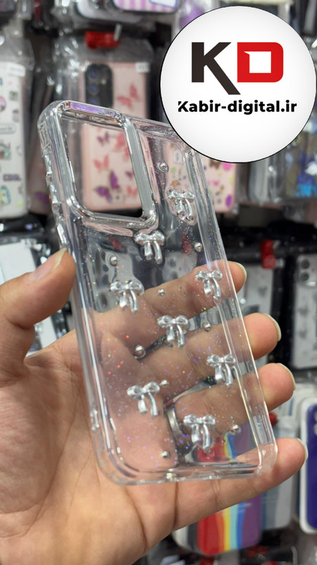 قاب گوشی Galaxy A36/A56 سامسونگ طرح اکلیلی رزینی پشت طلق شفاف لاکچری پاپیونی کرومی دور محافظ متال