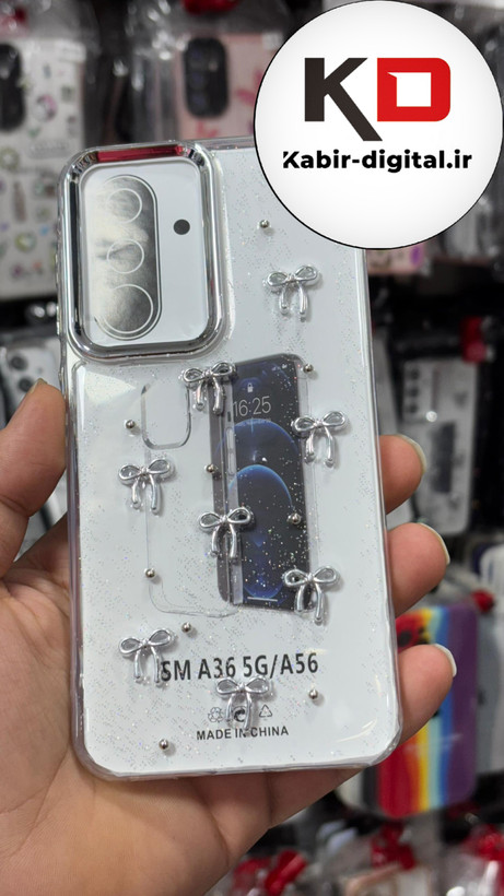 قاب گوشی Galaxy A36/A56 سامسونگ طرح اکلیلی رزینی پشت طلق شفاف لاکچری پاپیونی کرومی دور محافظ متال