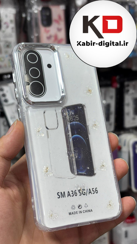 قاب گوشی Galaxy A36/A56 سامسونگ طرح اکلیلی رزینی پشت طلق شفاف لاکچری پروانه ایی دور محافظ متال