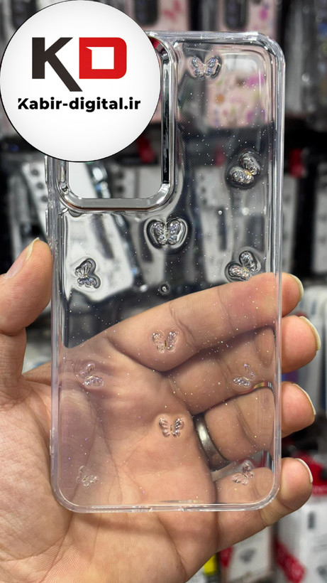 قاب گوشی Galaxy A36/A56 سامسونگ طرح اکلیلی رزینی پشت طلق شفاف لاکچری پروانه ایی دور محافظ متال