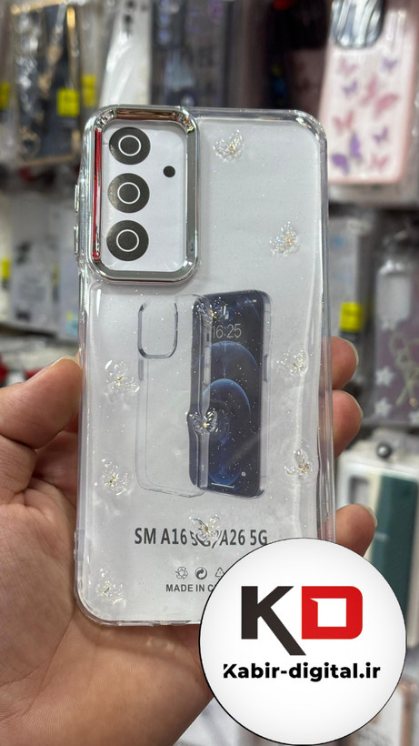 قاب گوشی Galaxy A26/A16سامسونگ طرح اکلیلی رزینی پشت طلق شفاف لاکچری پروانه ایی دور محافظ متال