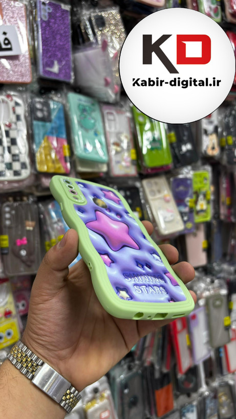 قاب گوشی Galaxy A20s سامسونگ منحنی دور سیلیکونی سبز متال طرح سه بعدی ستاره بنفش