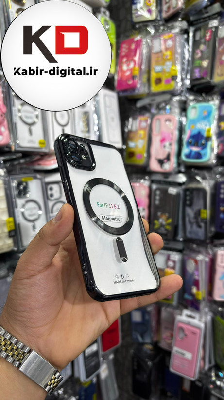 قاب گوشی iPhone 11 آیفون طرح الکتروپلیتینگ مگ سیفی ژله ای شفاف اورجینال یونیک کیس Unique Case محافظ لنز دار گلسی مشکی