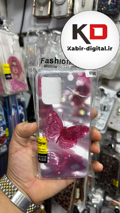 قاب گوشی Redmi Note 10 / Note 10s/Poco M5s شیائومی فانتزی اورجینال Grade A شیشه ای PVD براق دور سیلیکونی ضدخش ضد ضربه طرح پروانه صورتی
